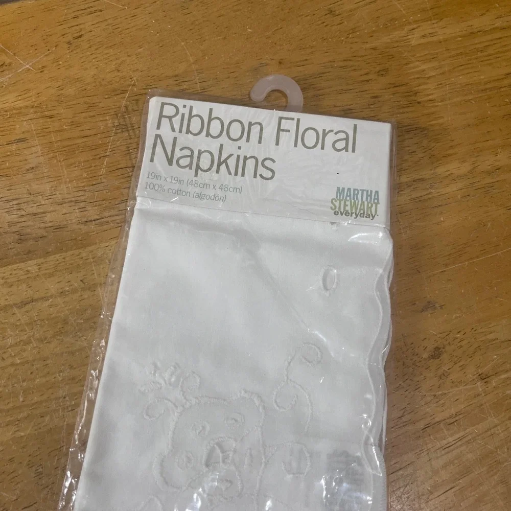 Vtg Martha Stewart Ribbon Floral White Cotton Napkins 4pc Scalloped‎ 19in
